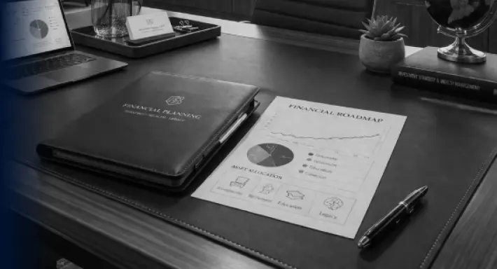 photo of top of desk with documents and leatherbound binder