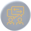 icon of two people with talk bubbles overlapping, one containing two back and forth arrows